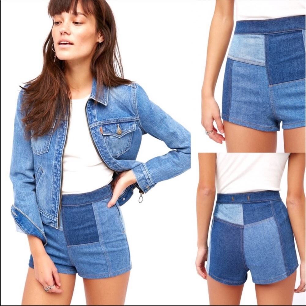 Free People Blue Patchwork Boho High Waist Shorts